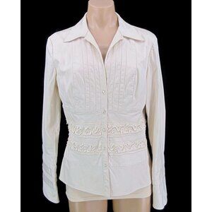 Kay Unger Beige Stretch Blazer 12 V Neck Collar Pleated Ribbon Trim Waist Flared